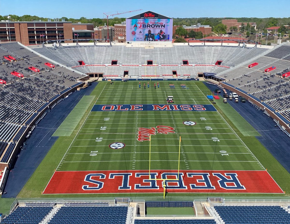 The Vaught-Hemingway Stadium field set up for the 2024 Groves Bowl Games tomorrow. Pic via @OleMiss1848 | #OleMiss