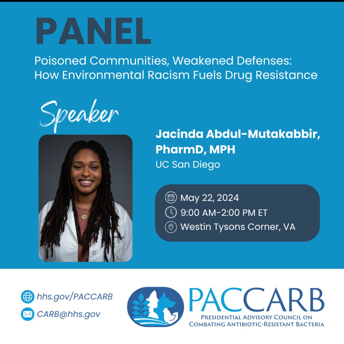 I’m incredibly excited to announce that I have been invited to present my research and attend the Presidential Advisory Council on Combatting Antibiotic-Resistant Bacteria (PACCARB) Public Meeting on May 22nd! Registration Link for Interest: forms.roseliassociates.com/view.php?id=10… @UCSDPharmacy