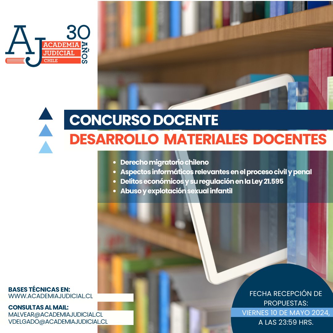 📢 Concurso académico | Desarrollo cuatro nuevos materiales docentes que pasen a integrar nuestra colección AJ @PJudicialChile @ChileColegio #ConocimientoJudicial #Migracion #derechocivil #derechopenal #delitoseconomicos 🗓️Postulaciones hasta 10 mayo 👉bit.ly/43Z5511