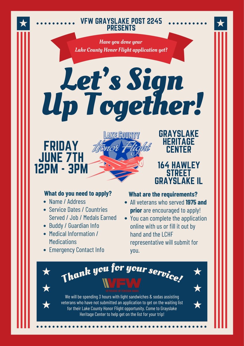 Join the VFW Post 2245 on June 7th! They are hosting an event to help veterans who haven't signed up for LCHF complete their applications online or on paper. A representative from Lake County Honor Flight will be on-site to collect paper applications and answer any questions.