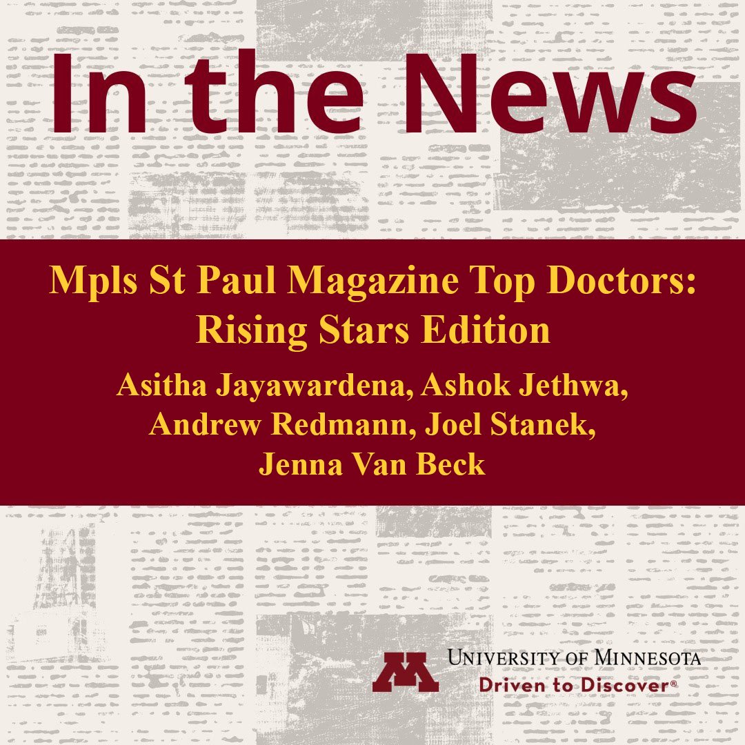 UMN Otolaryngology-Head & Neck Surgery (@ent_umn) on Twitter photo Check out this month’s issue of <a href="/mspmag/">Mpls.St.Paul Magazine</a> to see Asitha Jayawardena, Ashok Jethwa, Andrew Redmann, Joel Stanek, and Jenna Van Beck named to the magazine’s list of Top Doctors: Rising Stars Edition! Congratulations to all!
mspmag.com/health-and-fit… Check out this month’s issue of <a href="/mspmag/">Mpls.St.Paul Magazine</a> to see Asitha Jayawardena, Ashok Jethwa, Andrew Redmann, Joel Stanek, and Jenna Van Beck named to the magazine’s list of Top Doctors: Rising Stars Edition! Congratulations to all!
mspmag.com/health-and-fit…