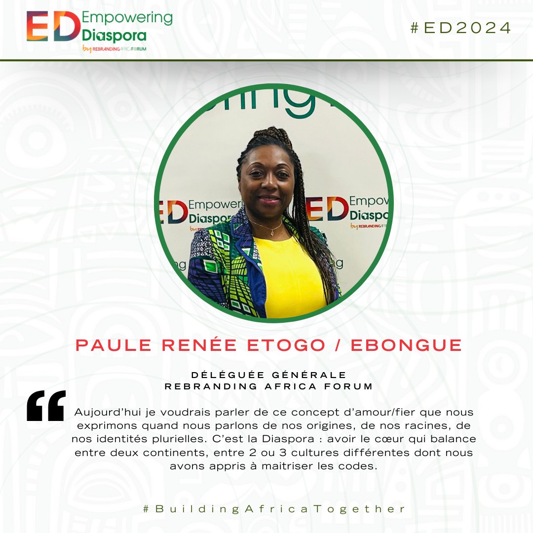 🇫🇷 🎤| Extrait du discours - Déléguée Générale du Rebranding Africa Forum, Mme @PauleReneeEtogo
---
🇬🇧 🎤| Speech of Managing Director of Rebranding Africa Forum, Mrs Etogo-Ebongué.
#RAF #ED2024 #Empowerment #Diaspora #MakeAfricaGreat #EmpoweringDiaspora #RAF2024