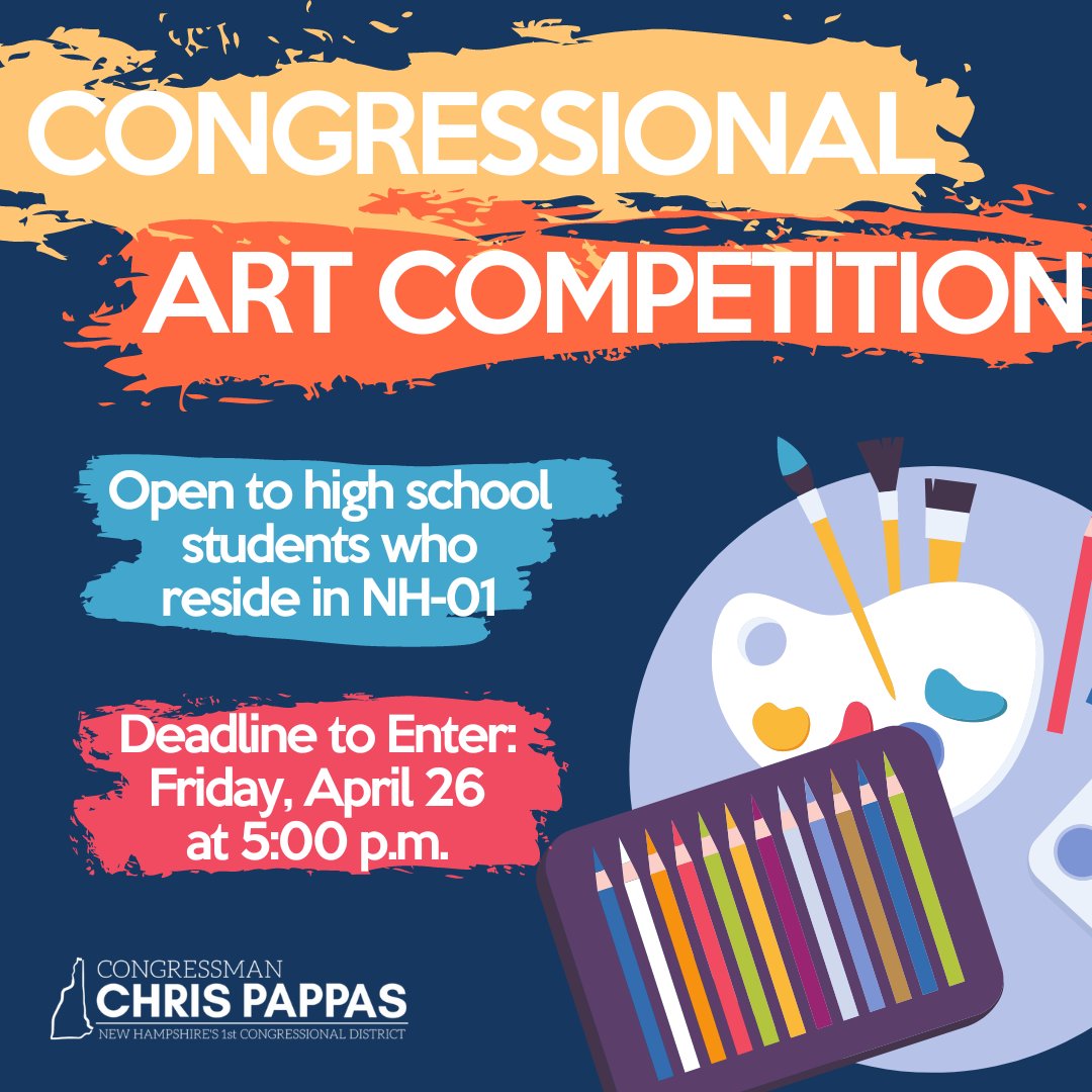 The deadline for the 2024 Congressional Art Competition is in less than two weeks - April 26th at 5 PM! It’s open for high school students of New Hampshire’s First District. For the guideline and instructions ➡️pappas.house.gov/services/art-c…