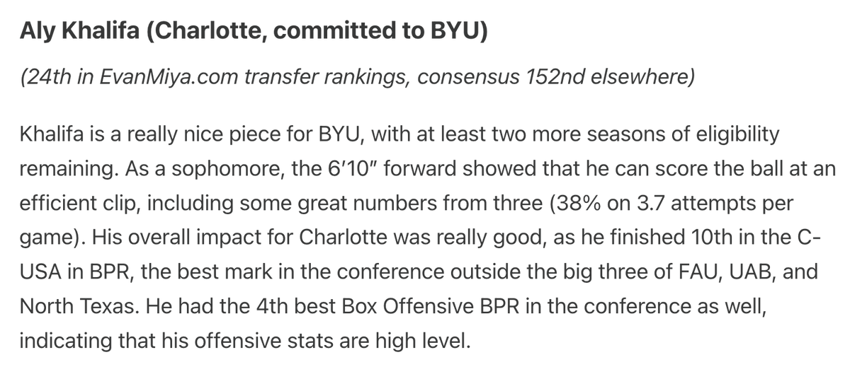 Aly Khalifa was one of the most underrated transfers last offseason, which I highlighted in my blog. If he goes to Kentucky, he will become one of the most talked about bigs in the country due to his unique skillset. He will be the 10th best transfer at EvanMiya.com.