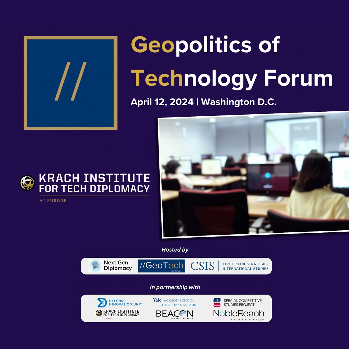 The team at @TechDiplomacy is proud to sponsor the GeoTech Forum where @LifeAtPurdue's future Tech Diplomats will join @Yale and @williamandmary’s Global Research Institute (@global_wm) in the reimagining of global emerging tech strategies to advance freedom.