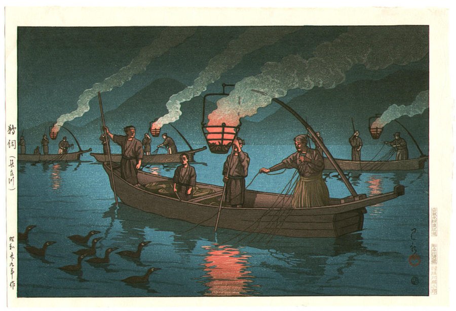 Cormorant Fishing on Nagaragawa River, Kawase Hasui, 1954

Other Hasui's prints: masterpiece-of-japanese-culture.com/shinhanga-new-…

#shinhanga