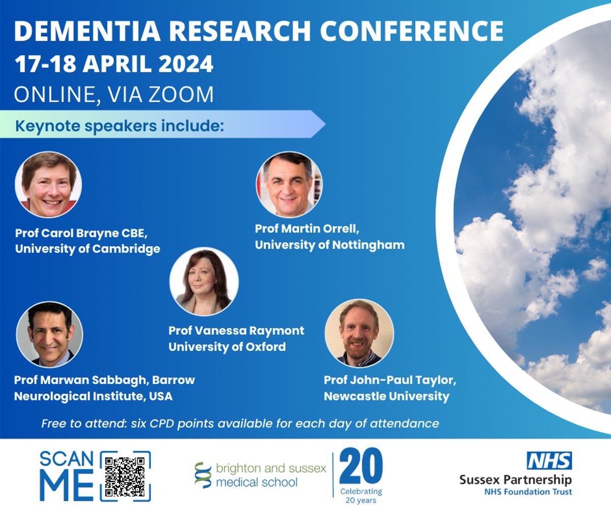 Join our virtual Dementia Research Conference on 17 & 18th April 2024 #FREE event via Zoom Register here✍️shorturl.at/rsyX9 National & International experts on #dementia #biomarkers #clinicaltrials #newADtreatements @longitudinalstudies organised @BSMSMedSchool @BSMS_CDS🥳