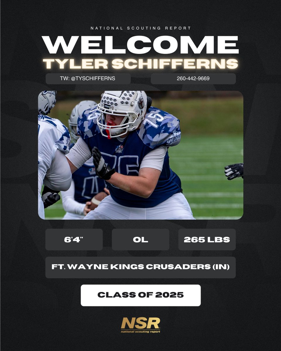 Pumped to announce Tyler Schifferns (@TySchifferns) as the newest member of @NSRMidwest! Excited to begin working with Tyler and his family throughout the recruiting process! 🏈Pos. OL 🎓2025 📈Ht/Wt- 6'4 265lbs 🏫Fort Wayne Kings Crusaders (8 man football)…