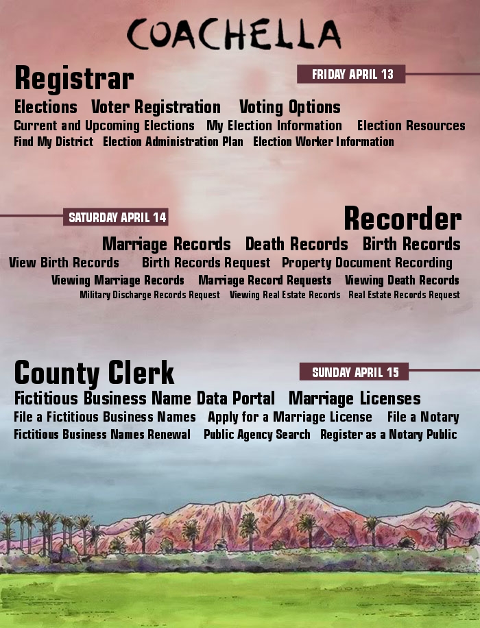 From vital records to elections, get ready to vibe with our public service headliners! 🗳️📜🏠💍🎡🌴 #CoachellaVibes