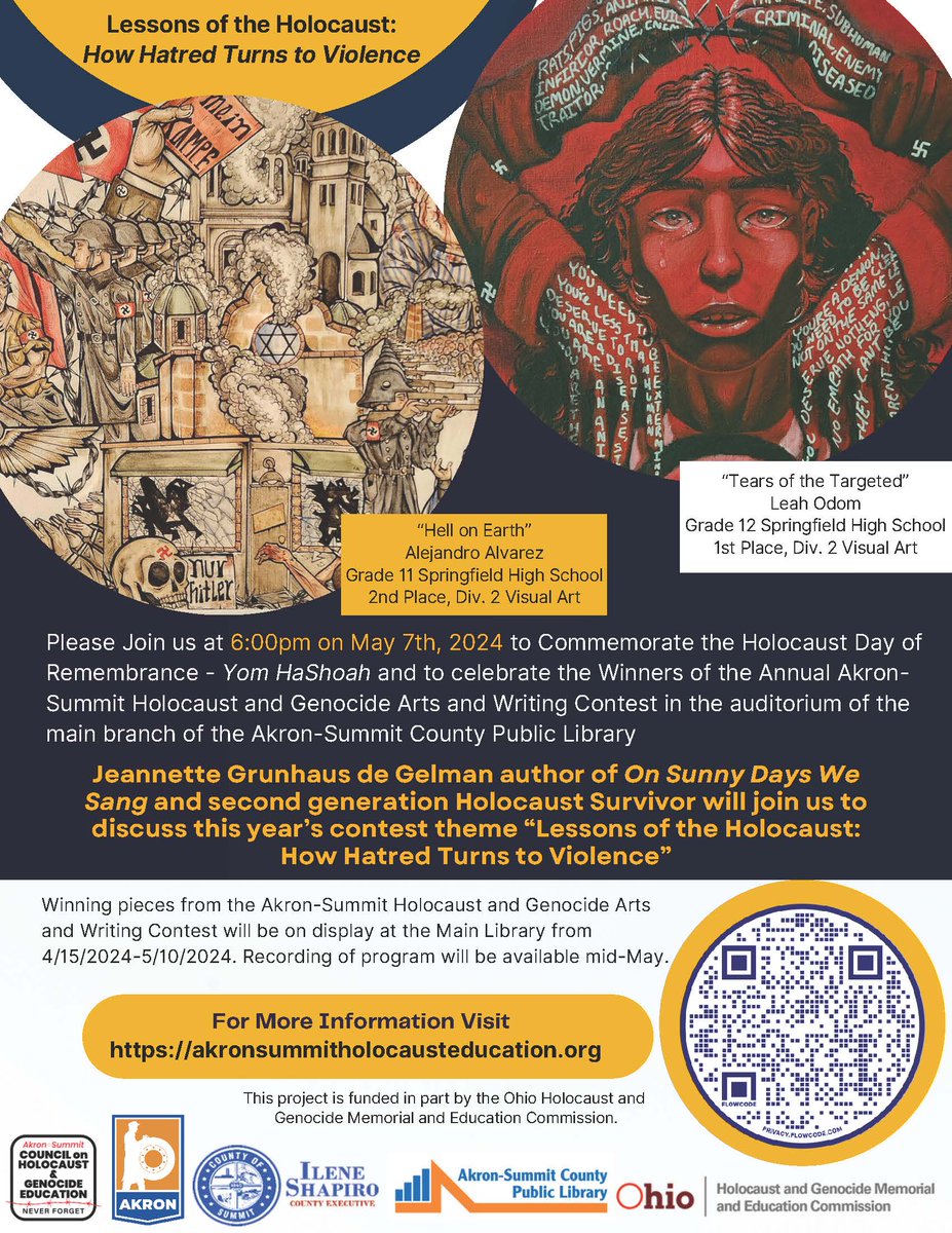 Join us to commemorate the Holocaust Day of Remembrance, Yom HaShoah, and to celebrate the winners of the Annual Akron-Summit Holocaust and Genocide Arts and Writing Contest.

Main Library
Tuesday, May 7
6 pm