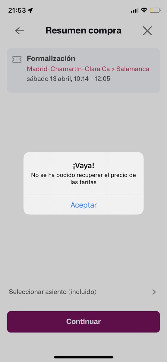 Alber_Casta's tweet photo. @Renfe @RomanSalido Este error es el que aparece todo el rato para los trenes Alvia Madrid-Salamanca del fin de semana habiendo plazas libres.
Es urgente la solución. https://t.co/r6YUgS75RL