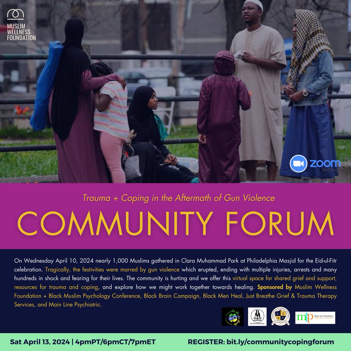 We are devastated by the news of gun violence which erupted at the Eid celebration at Clara Muhammad Park at Philadelphia Masjid. Many are in need of care + support. Gather w/us SAT APR 13 | 4pPT/6pCT/7pET. 
RSVP: bit.ly/communitycopin…