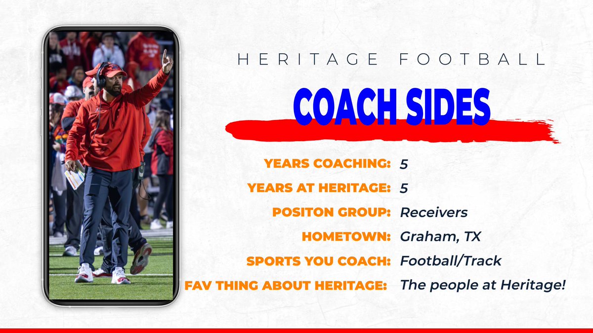 Heritage Football (@heritageftball) on Twitter photo Coaches spotlight:
Coach Derek Sides
A blessing to all the kids, parents and coworkers at Heritage. Coach Sides walks the walk daily in everything he does. One of the best and definition of "lead by example"
#FIGHT #MOB
<a href="/MidloHeritage/">Heritage HS</a> <a href="/MISD_Athletics/">Midlothian ISD Athletics</a> Coaches spotlight:
Coach Derek Sides
A blessing to all the kids, parents and coworkers at Heritage. Coach Sides walks the walk daily in everything he does. One of the best and definition of "lead by example"
#FIGHT #MOB
<a href="/MidloHeritage/">Heritage HS</a> <a href="/MISD_Athletics/">Midlothian ISD Athletics</a>