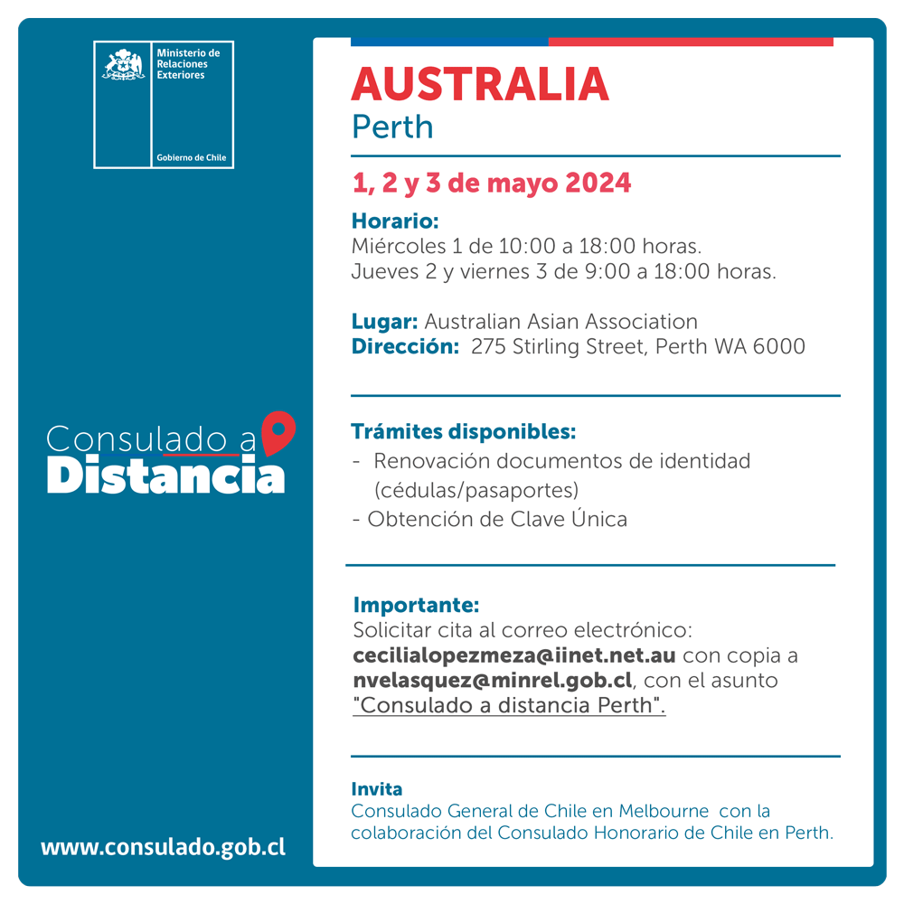 🚐🇨🇱 Atención a chilenas y chilenos en #Perth #Australia 🇦🇺. Podrás renovar tus documentos de identidad en tu ciudad. Fechas: 1, 2 y 3 de mayo. 📍Lugar: Australian Asian Association 275 Stirling street, Perth WA 6000 ➡️ Agenda tu cita bit.ly/4aUmkTM