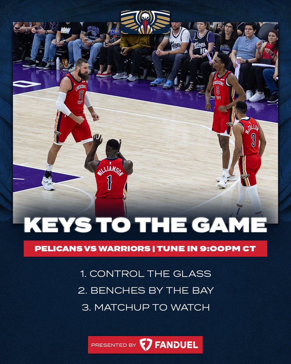 Last one of the trip, @Jim_Eichenhofer has our Keys to the Game: 🔑 GSW 5th in offensive boards (12.2), second-chance points 🔑 Pels subs 3rd in plus-minus (2.2); GSW reserves 3rd in ppg 🔑 Curry (4.8), McCollum (3.5) 1st, 3rd in threes made per game #Pelicans | @FDSportsbook