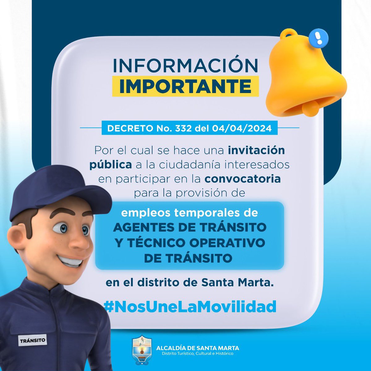 📢 ¡Atención!🚨 Se ha emitido el Decreto No. 332 convocando a la ciudadanía para participar en la provisión de empleos temporales como Agentes de Tránsito y Técnicos Operativos de Tránsito en el distrito de Santa Marta. ¿Quieres formar parte de nuestro equipo? ¡Accede al enlace…