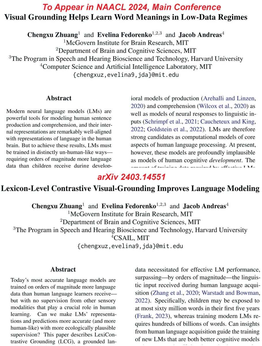 Two papers! Can visual grounding help LMs learn more efficiently? 1. We show that algs like CLIP don't learn language better (t.ly/eQHA9) 2. We then propose a new one, LexiContrastive Grounding, which does! (t.ly/KB818) Code: t.ly/C0wu- 🧵