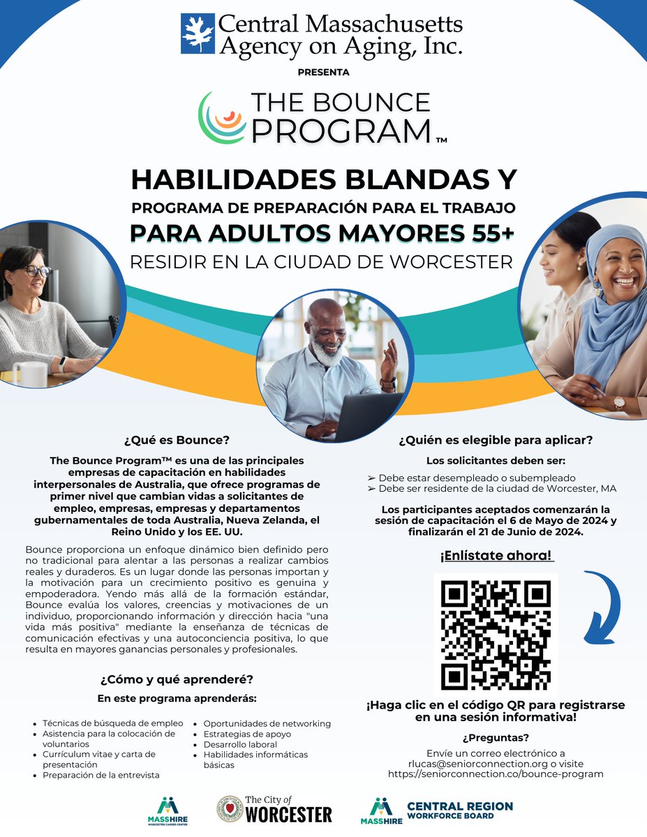 MASrConnection's tweet image. Good afternoon, Worcester residents!

CMAA is currently accepting applicants for our all-NEW Bounce program Soft Skills and Work-Readiness training for older adults 55+

Click the link below for more information and sign up today...

seniorconnection.co/bounce-program 

#aging #worktraining