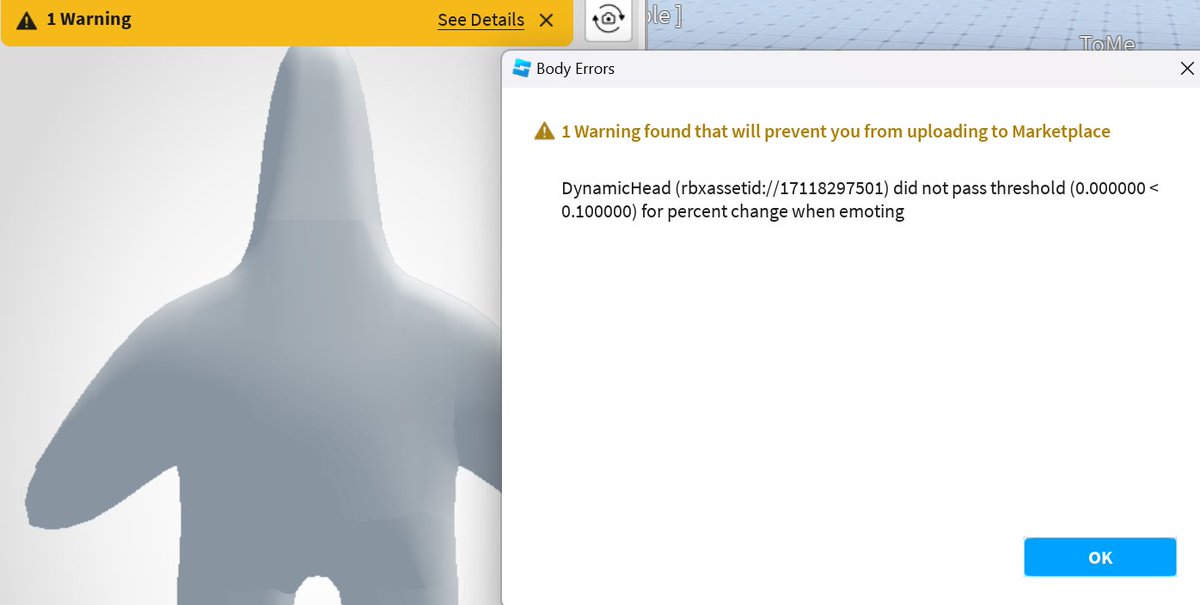 Gotta love #Roblox making #RobloxUGC changes while your on vacation.

They now require visible face movement on all your characters in order to upload. But many of my upcoming avatars wouldn't make sense with a face. Thanks for stifling creativity once again Roblox.