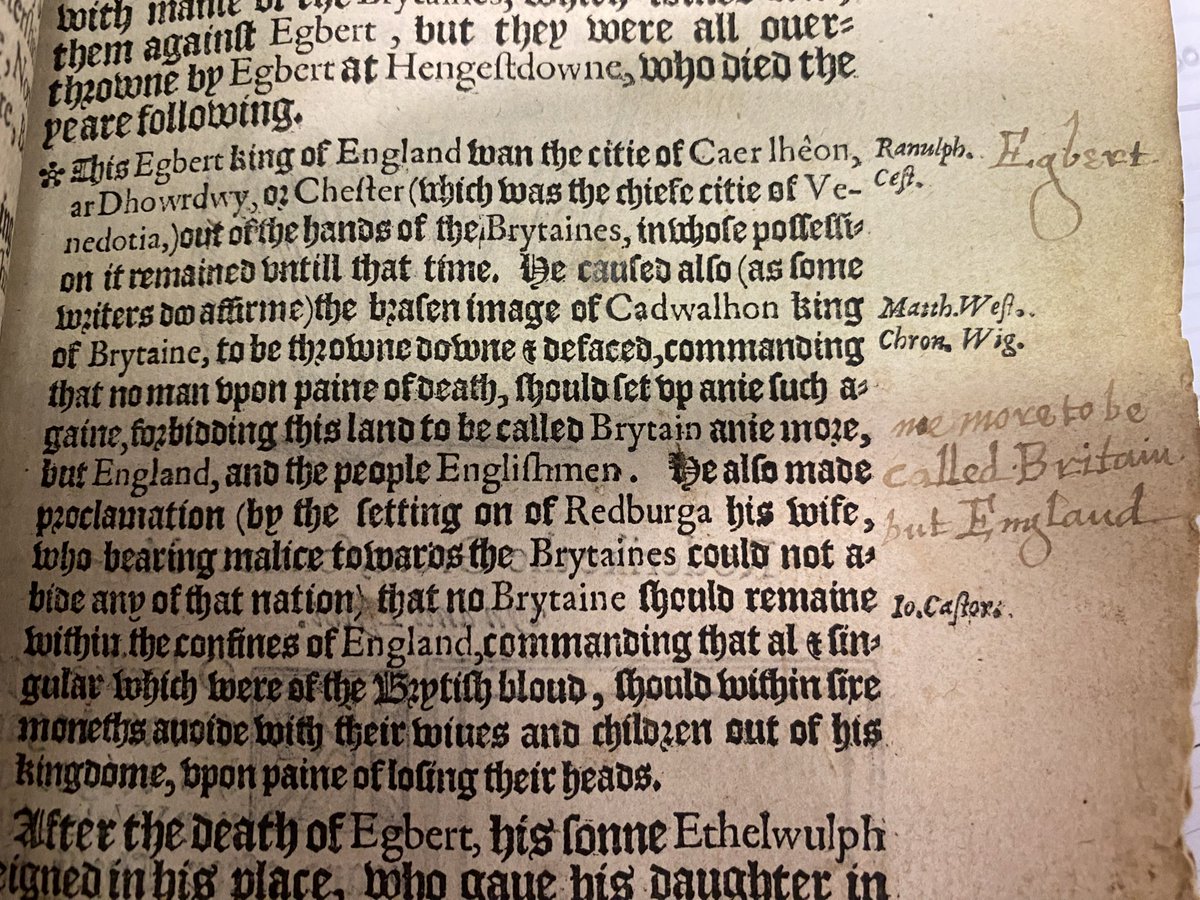 ‘Egbert king of England (d. 839) won the city of Chester…out of the hands of the Britons...forbidding this land to be called Britain anymore but England, and the people Englishmen’. 🏴󠁧󠁢󠁷󠁬󠁳󠁿 When Britishness was not a synonym for Englishness… Allan o ‘The Historie of Cambria’ (1584).