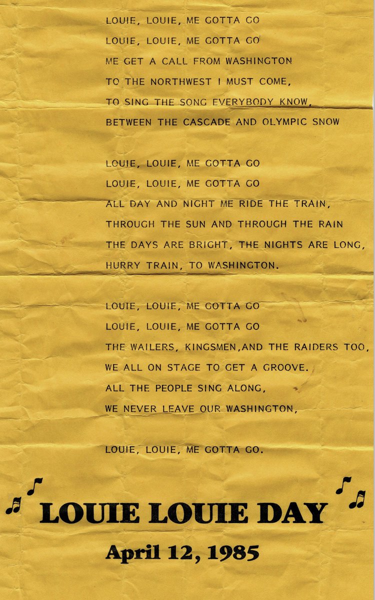 On April 12, 1985, State Senate Resolution 1985-37 declared April 12 as LOUIE LOUIE DAY in Washington. 'Almost Live' host Ross Shafer instigated the campaign to get 'Louie, Louie' as the official state song, but traditionalists weren't budging from 'Washington, My Home.' #waleg