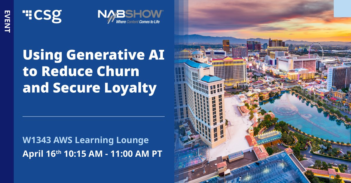 Join CSG's session in the @awscloud Learning Lounge to learn how we're using generative #AI and Amazon SageMaker to revolutionize customer retention. 👉 spr.ly/6012wQi56 📆 Tuesday, April 16, 10:15 AM PT #NABShow