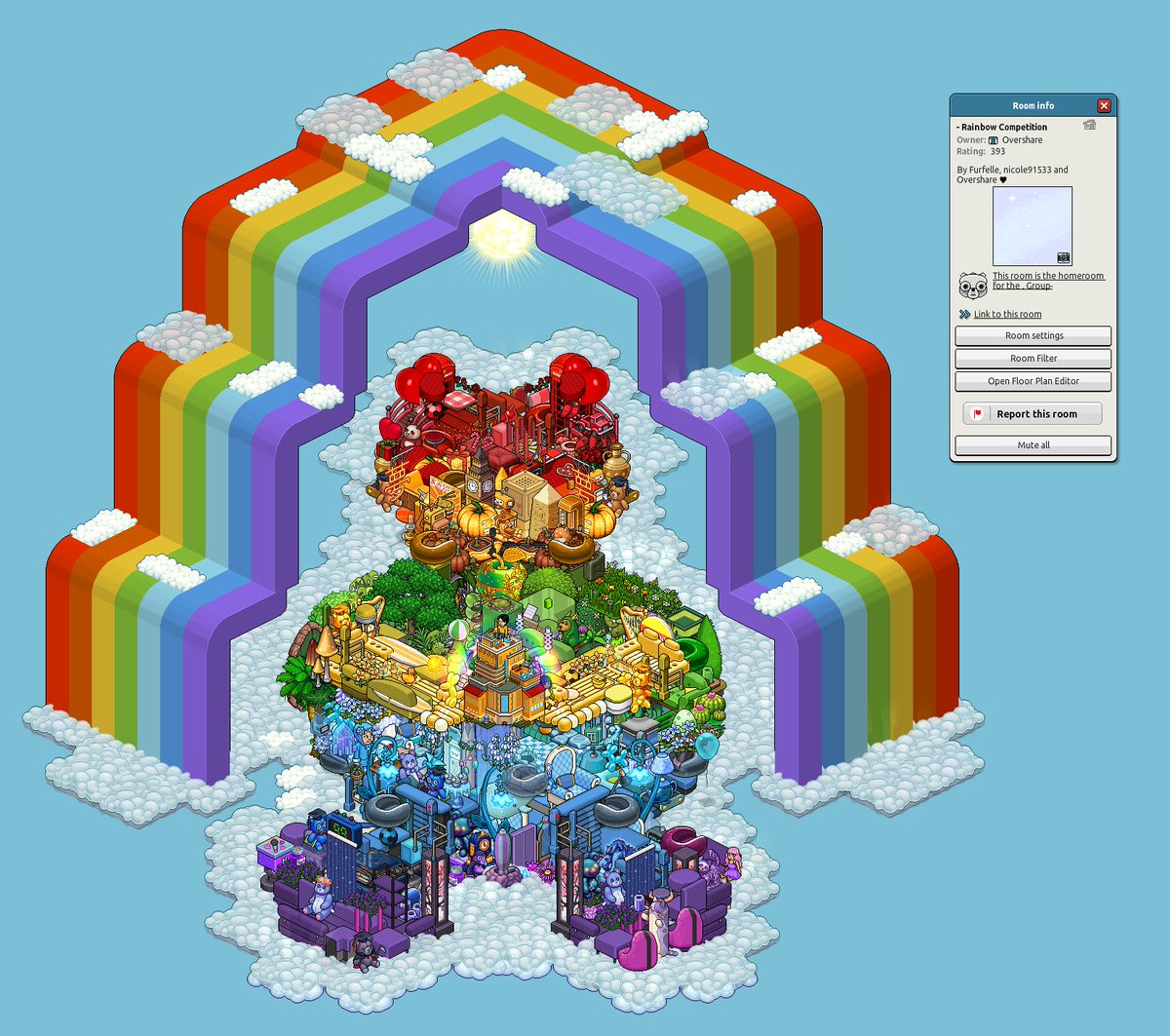 SquirleHabbo's tweet photo. This is our entry for the Rainbow competition on @Habbo we made a Rainbow🌈 teddy bear🧸 - by @Furfelle @nimeyp and me. Second tweet is more details to how the teddy bear is holding the mini hotel 🏨 https://t.co/fkjeIOLfS5