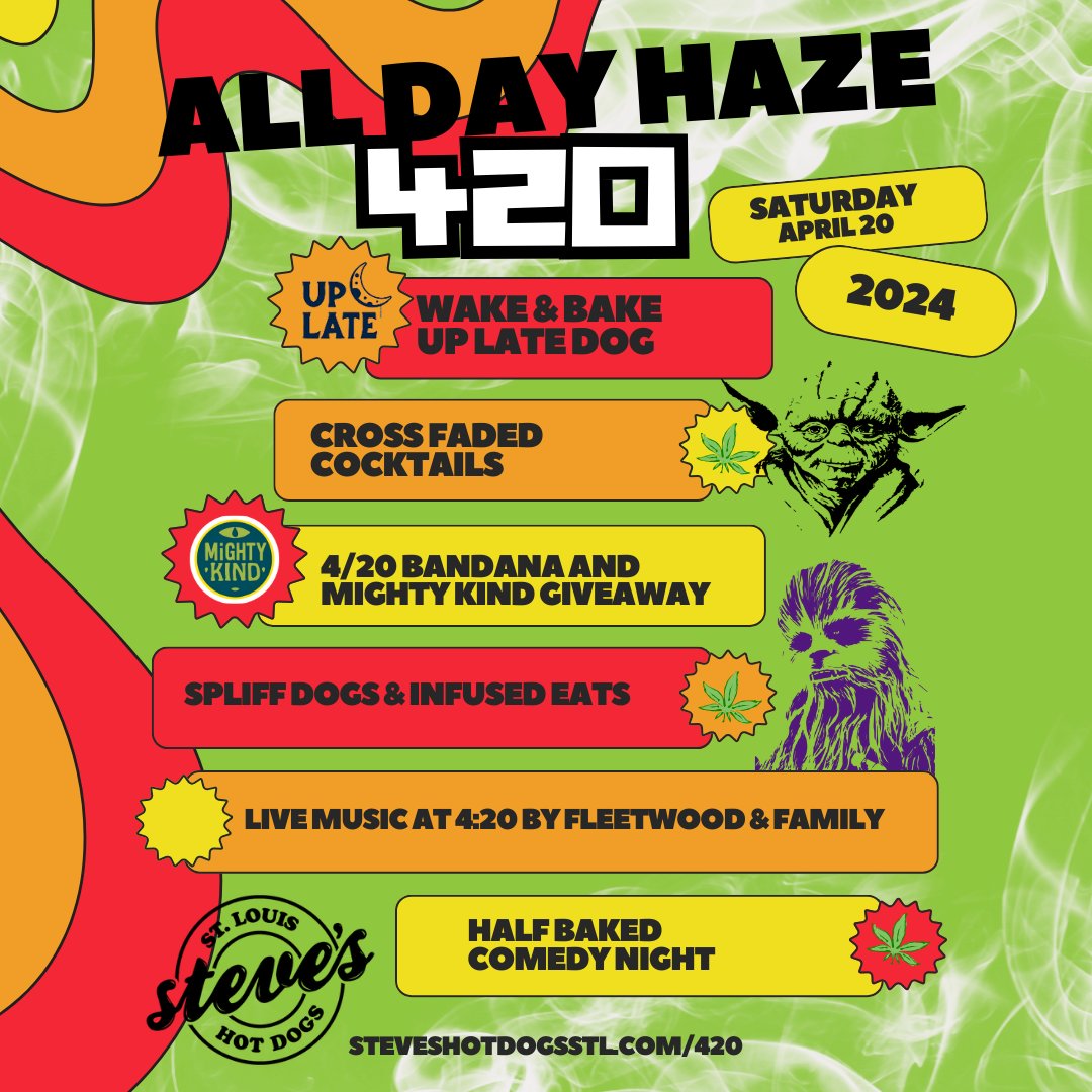 Thank Goodness it's FRIEDay, which means we're almost 1 week away from Steve's 420: ALL DAY HAZE! 🌭🍃💨 Check out the smokin line-up of performances, munchies, and more that we have in-store. #stlfoodies #420 Visit steveshotdogsstl.com/420 for more details!