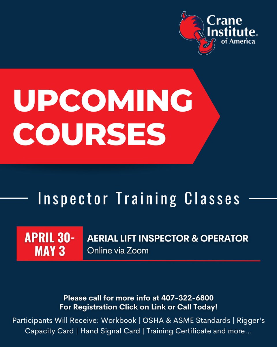 Our Aerial Lift Inspector & Operator course covers proper inspection, documentation, and procedures for vehicle-mounted aerial lift platforms and MEWP's.

#crane #trainingprogram #trainingcourses