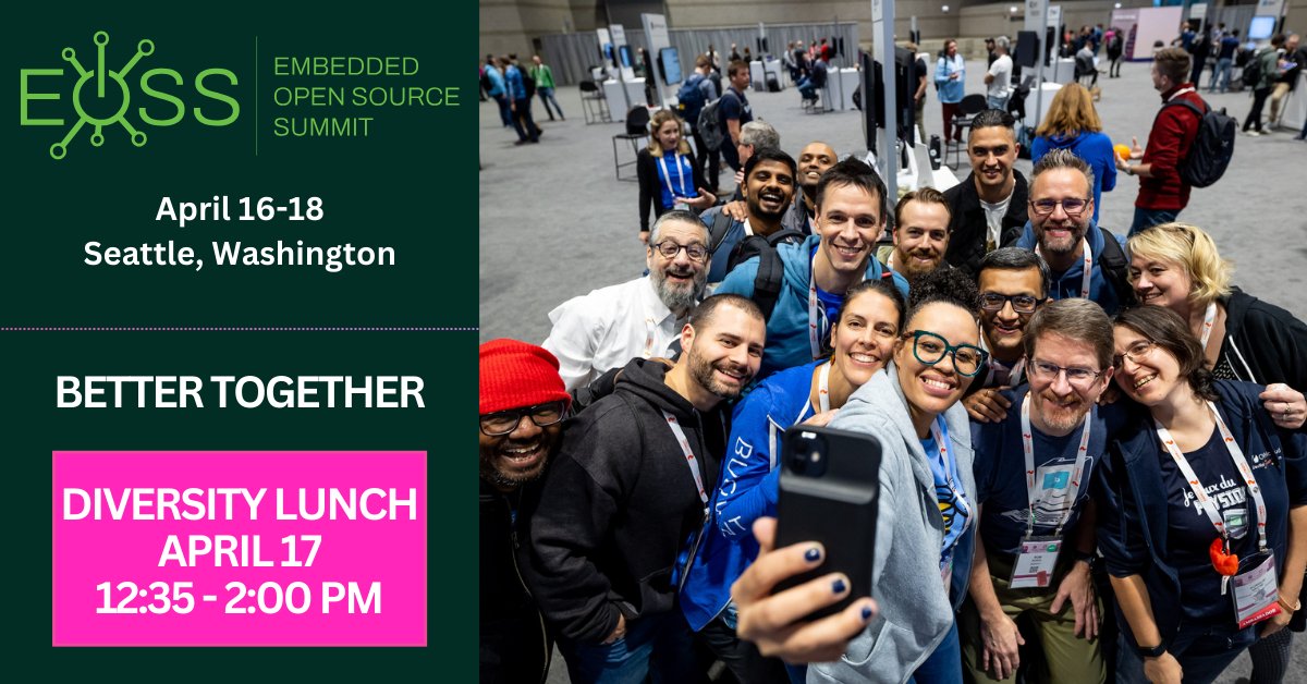 The Better Together Diversity Lunch @ #EmbeddedOSSummit in Seattle gathers event participants from marginalized communities to build connections in the open source community. Learn more: hubs.la/Q02qr2PF0. Register for the April 16-18 event: hubs.la/Q02qrl6L0.