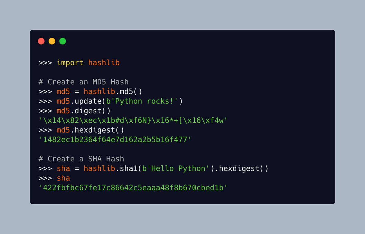 Did you know that #Python has a package built-in for creating MD5 and SHA hashes? Check it out: