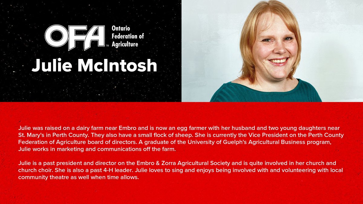 OntarioFarms's tweet image. OFA is pleased to introduce the young leaders joining #teamOFA at 
Queen’s Park Advocacy Day. Meet @mccows, she is the VP on the Perth County Federation of Agriculture board of directors. Julie is 1 of 5 that will join meetings with Prov politicians discussing #ontag issues.