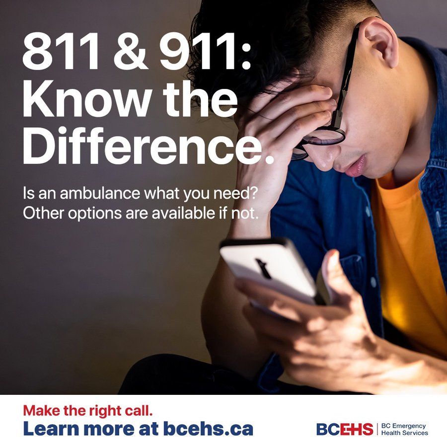 Calling the right number helps get you the care you need. 🚨 911 is for health and safety emergencies requiring paramedics or other first responders. 📳 Dial 811 to connect with a health care professional who can provide information and resources you need. bcehs.ca/health-info/wh…