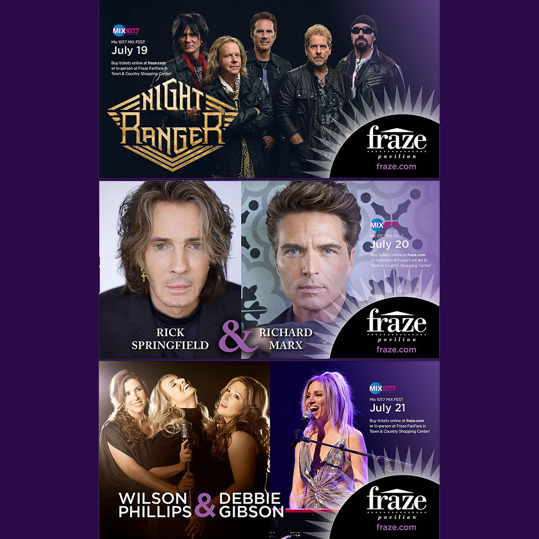 TICKETS ON SALE NOW for ALL 3 concerts of MIX 107.7's 25th MIX FEST. Night Ranger on Friday, July 19, Rick Springfield & Richard Marx with special guest Stranger on Saturday, July 20, and Wilson Phillips & Debbie Gibson on Sunday, July 21. More details at fraze.com