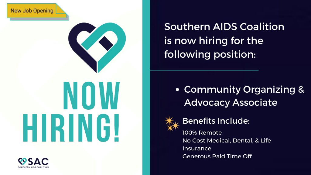 🚨#NewJobAlert Join our small but mighty crew of advocates working to end the HIV epidemic in the South! SAC is hiring for a Community Organizing & Advocacy Associate. Learn more & apply to join the team here: southernaidscoalition.org/jobs/community… #NowHiring #SACJobs #HIVInTheSouth