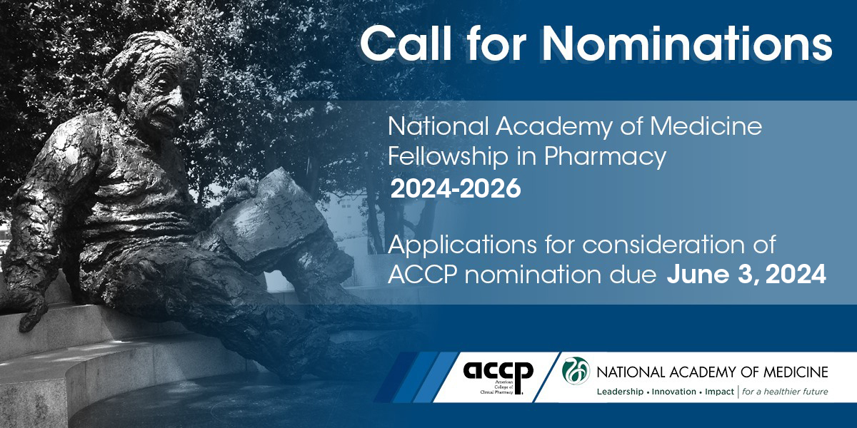 The NAM Fellowship in Pharmacy supports a pharmacist as an early-career health policy or health science scholar. Nominations for the fellowship must be submitted by 3:00 p.m. (ET) June 3, 2024. Learn more about the nomination process: ow.ly/eLfO50Rcucp