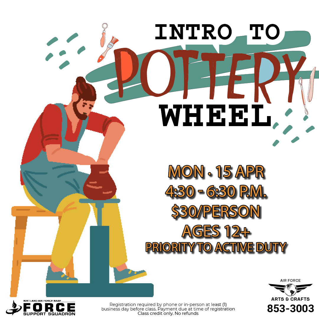 🏺🏺✨ Unlock your creativity with clay, #TeamKirtland! 
Sign up now for our #IntroToPotteryWheelClass at the #ArtsAndCraftsCenter.  
Let's spin some magic together!✨🏺🏺 

Call today to reserve your spot📞👉853-3003

#377FSS #KirtlandForceSupport #KirtlandABQ