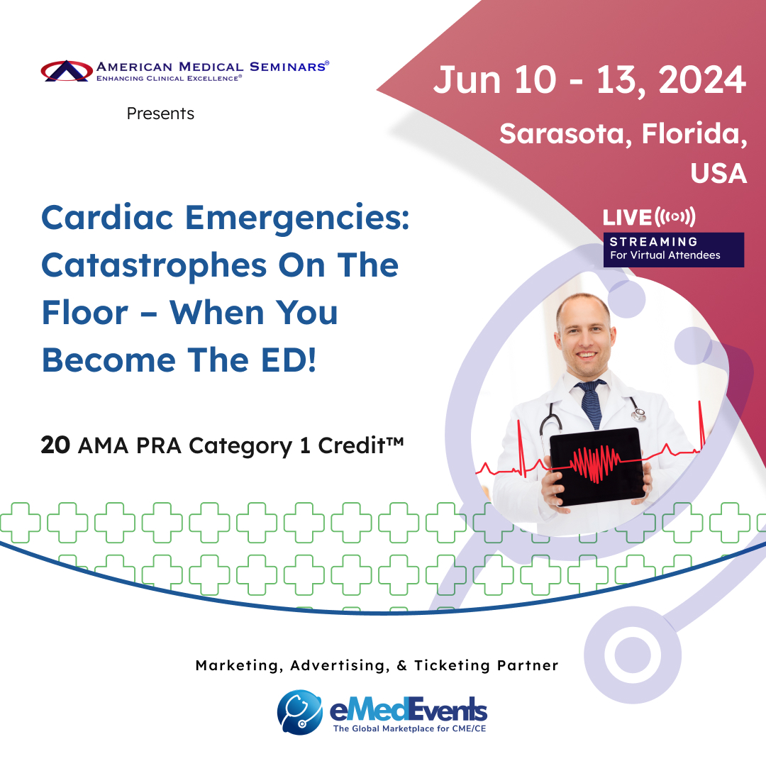🚨 Join the hybrid event 'Cardiac Emergencies: Catastrophes On The Floor – When You Become The ED!' 🏥 bit.ly/4cQqmhv 🩺Enhance your skills in managing critical cardiac emergencies. #Cardiology #EmergencyMedicine #MedicalEducation #Healthcare #eMedEvents