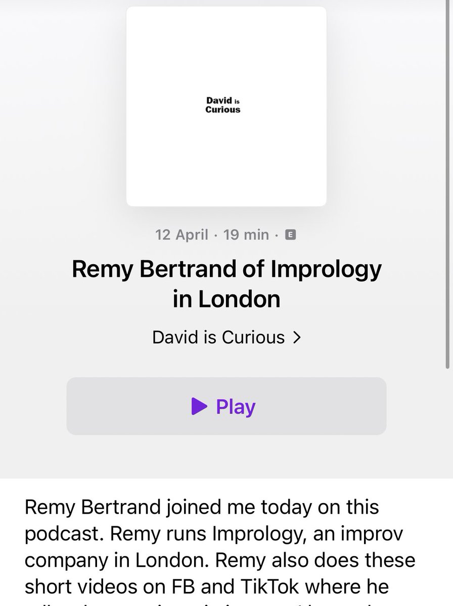 Interviewed Remy Bertrand of Imprology in London. I am so enthralled by how he views improv and also how he uses that perspective to inform his teaching. Remy exudes curiosity. His workshops sound fantastic. You can listen to Part 1 here: podcasts.apple.com/gb/podcast/dav… #improv
