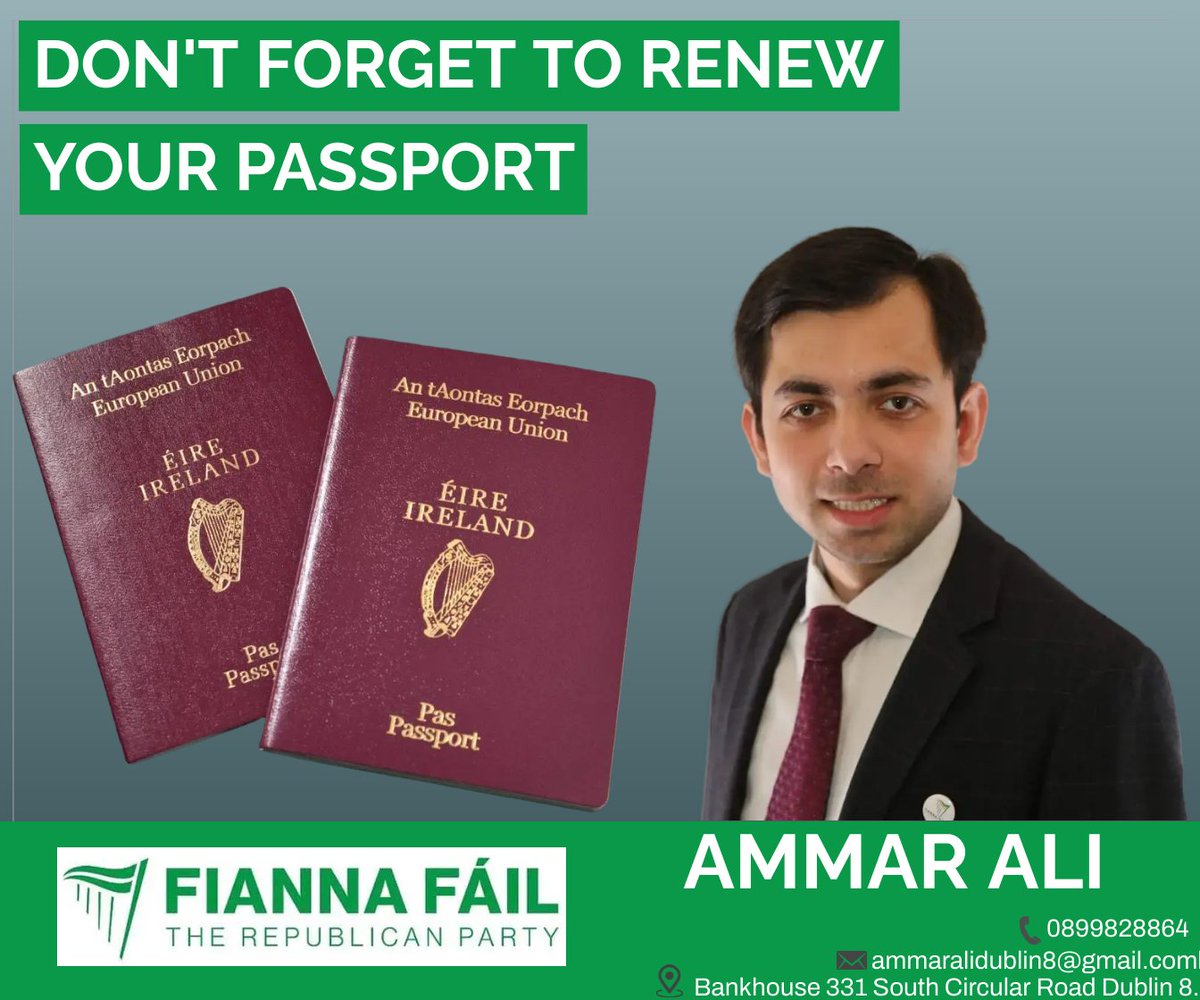 ✈️ Passport Renewal As we are moving toward Summer, please remember to check your passport and all those in your family and renew in time. I am happy to assist with any passport query. Please email ammaralidublin8@gmail.com