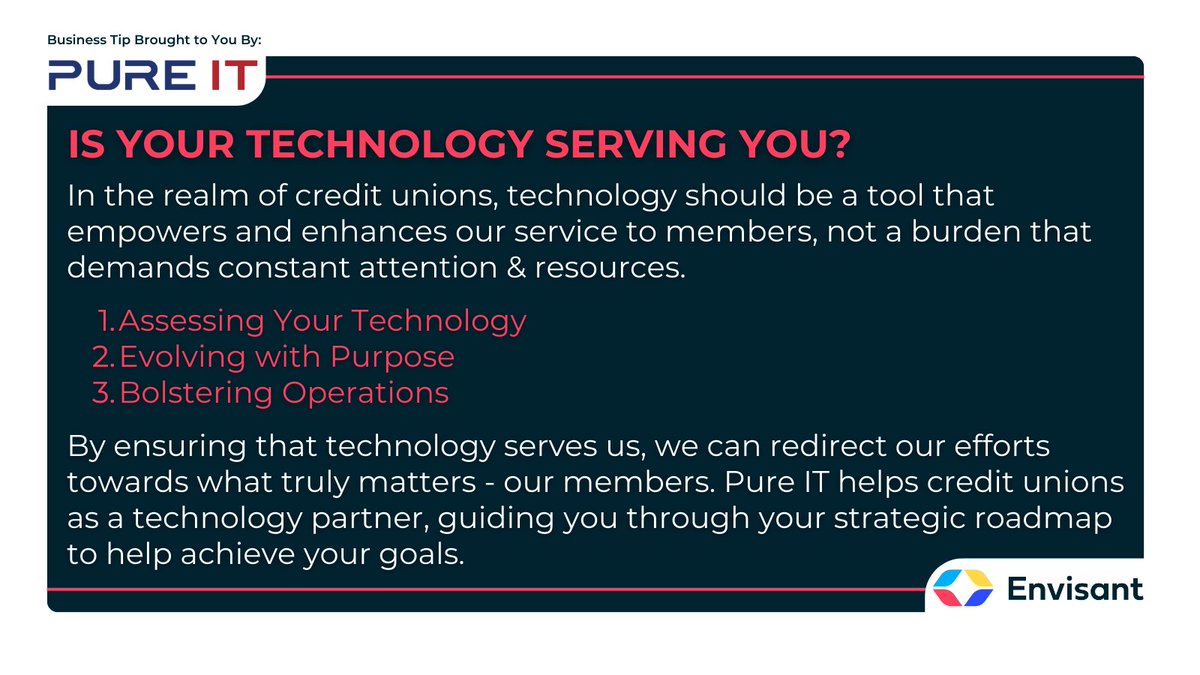 Is your tech serving you? We believe in empowering you to 🌟 #AchieveYourVision. Check out tips from our partners at @pureITcuso:
1️⃣ Assess Your Tech
2️⃣ Evolve w/ Purpose
3️⃣ Bolster Operations
Focus on what matters - your members! Learn more: pureitcuso.com.