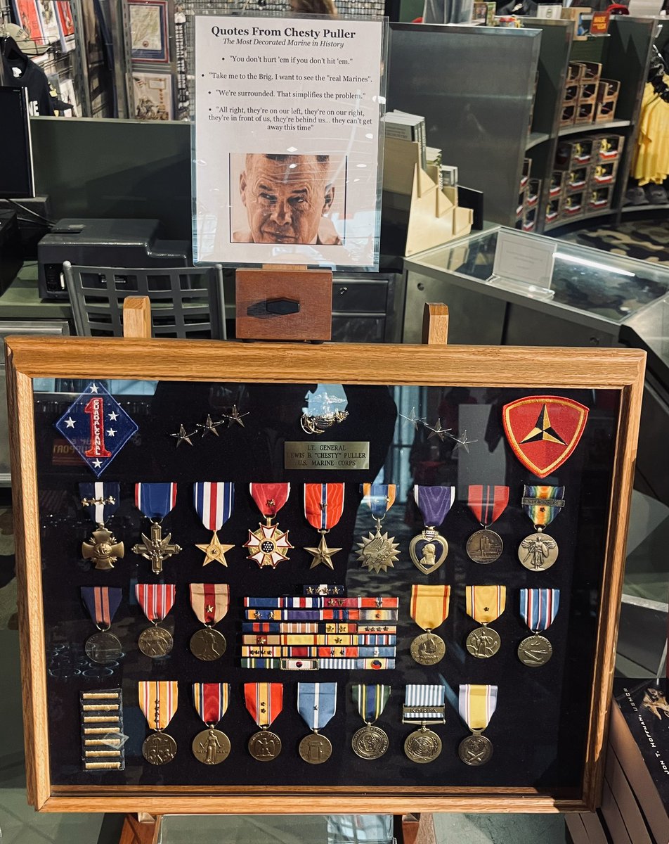 ‘Chesty’ Puller, the most decorated Marine, is honored with his ribbons and medals on display at the Marine Corps Museum!🎖️🎖️🎖️ Never get tired of this museum. 🦅🌎⚓️ Oorah! 🫡