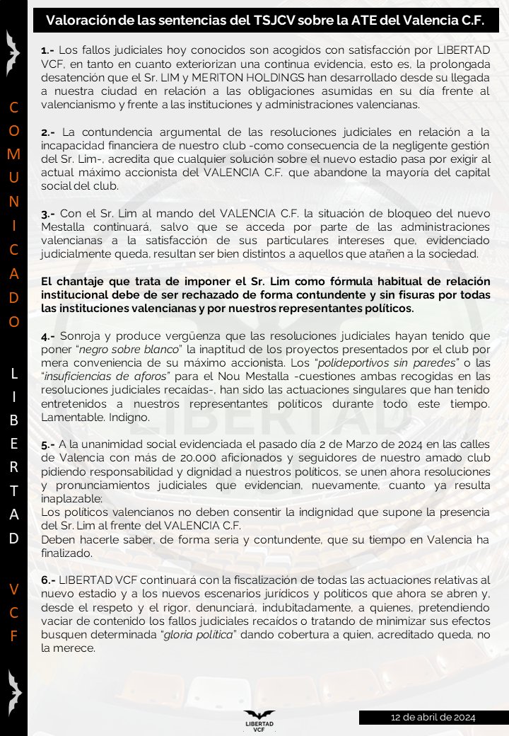 🚨🚨 COMUNICADO OFICIAL🚨🚨 Sonroja y produce vergüenza que las resoluciones judiciales hayan tenido que poner “negro sobre blanco” la inaptitud de los proyectos presentados por el club por mera conveniencia de su máximo accionista. Los políticos valencianos no deben consentir