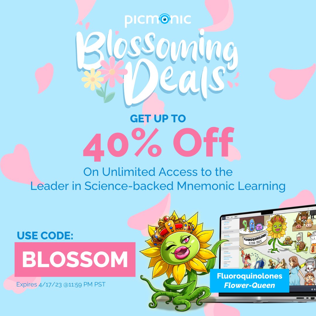 Blossoming deals! Here's what's in store for you: 🌸 10% off a Monthly Subscription 🌼 20% off a Semesterly Subscription 🌷 30% off an Annual Subscription 🌺 40% off a 24-month or Longer Subscription Buy now: picmonic.info/blossoming-dea… | Code: BLOSSOM #sale #picmonic #healthcare