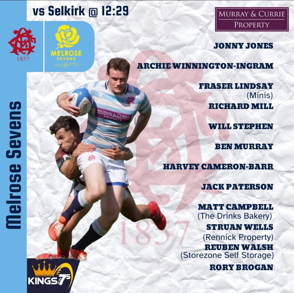 Good Luck to Rory B, OF Jack P, Mr Mill and rugby/football coach Jonny Jones playing for @EdinburghAccies in the @Melrose7s on Saturday