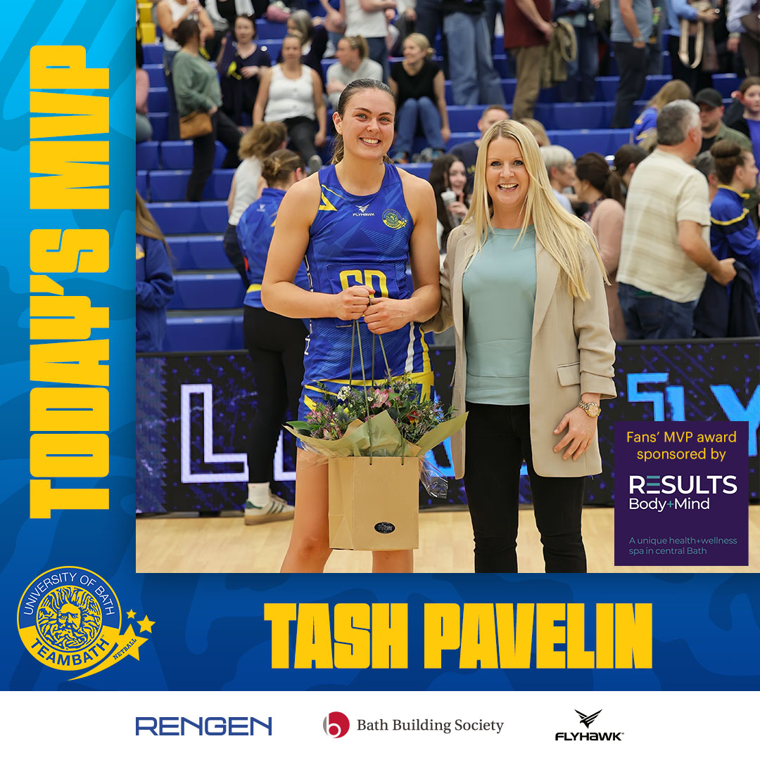 Your pick as winner of tonight’s Team Bath Fans’ Most Valuable Player Award – sponsored by @ThepodB – is Tash Pavelin🎉 She was presented with her prize & a bouquet, supplied by @FlowersOfBath1, by @englandnetball CEO Fran Connolly💐 #BlueAndGold #Netball #NSL2024