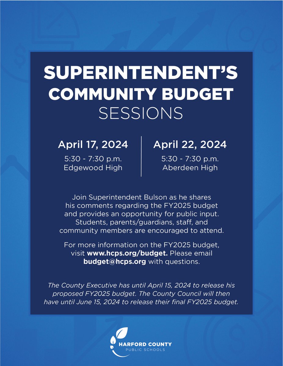 Join HCPS for one of two HCPS Superintendent’s Community Budget Sessions. April 17, 2024 at Edgewood High, and April 22, 2024 at Aberdeen High. Both 5:30-7:30 p.m. No pre-registration required.
