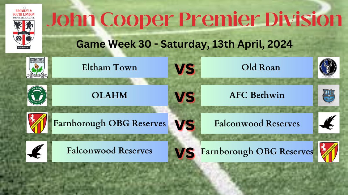 Fixtures tomorrow in the @BASLFL sees a double-header between @fobg_reserves and @Falconwood_FC Reserves. The battle for the places in the top-half of the table continues with @ElthamTownFirst, @OldRoanFC, OLAHM and @RocaSportss AFC Bethwin in action. Good luck all teams!