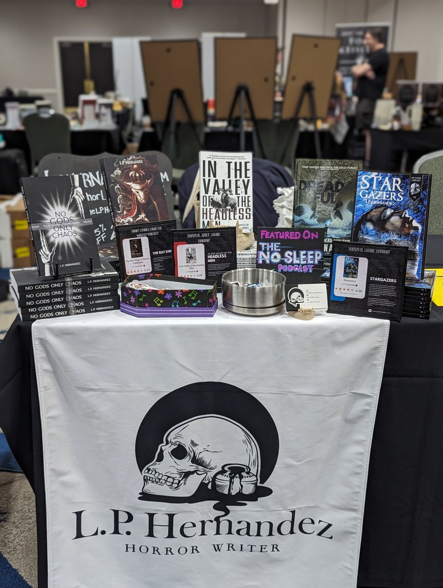 Set up for #authorcon! Buy my stuff and I'll make it nice and awkward for you! #scaresthatcare #fightrealmonsterd