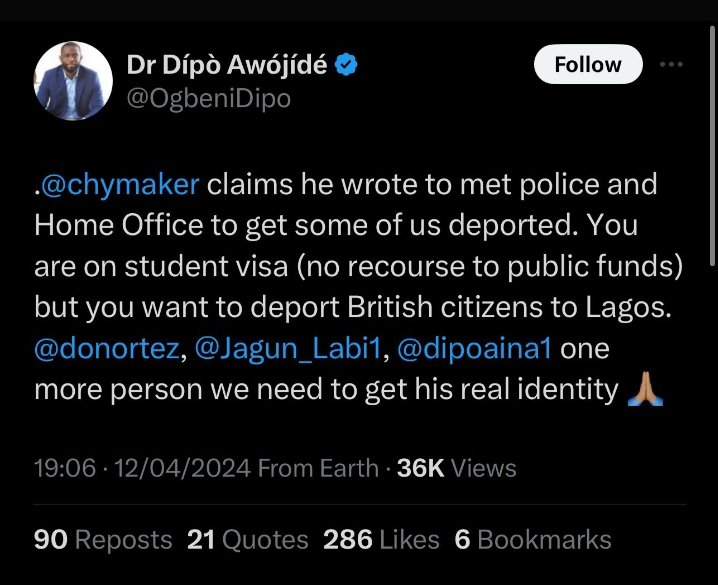 Someone should remind Dipo that I arrived in the UK on 6th August 2002.

I attended UEL, BPP, Queen Mary and University of Westminster. I have certificates from all of these Schools. 

I had a British Passport before he got to the UK. 

I made a formal complaint to Met Police…